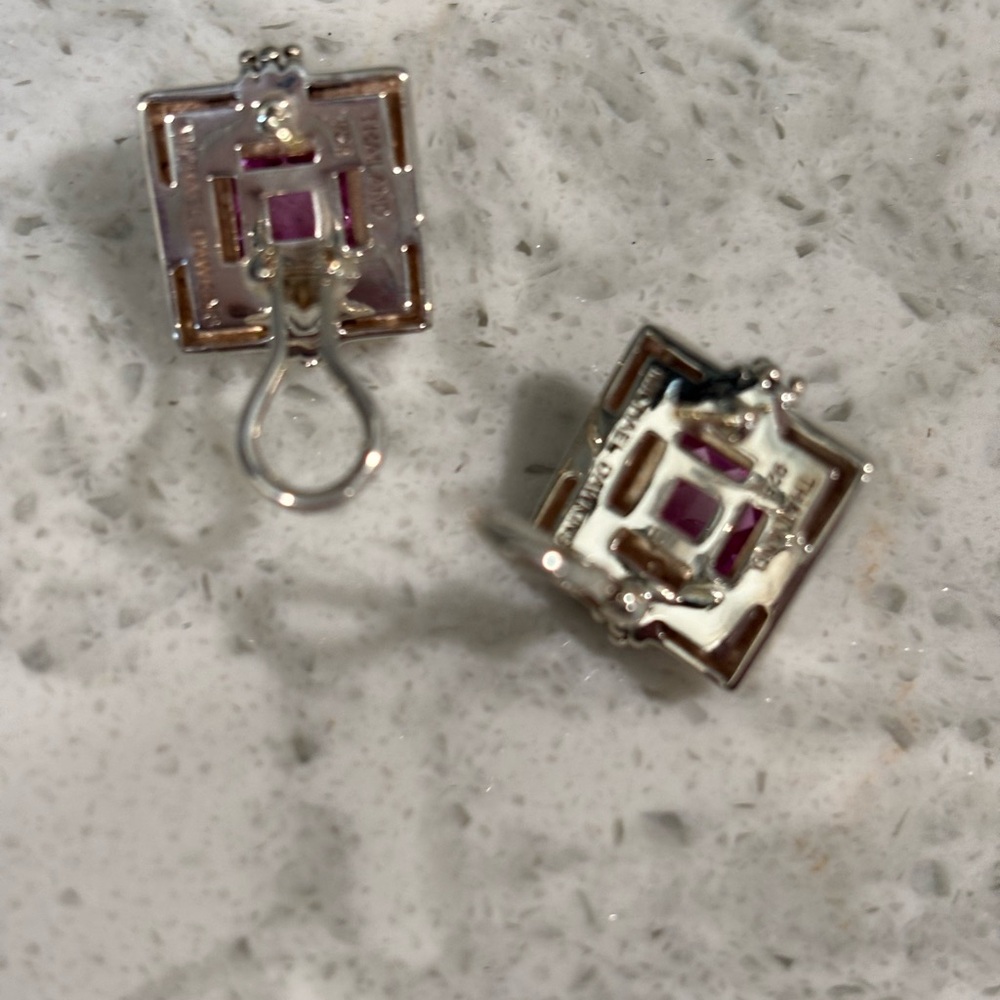 Michael Dawkins Square Checkerboard Simulated Pink Sapphire/SS Earrings - Picture 3 of 3